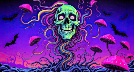 psychedelic skull in vibrant surreal landscape with colorful mushrooms and flying bats at night