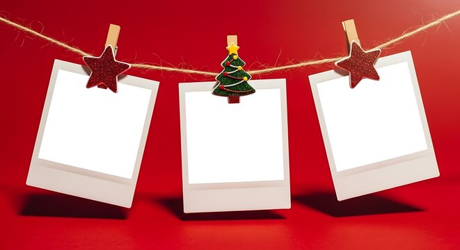 Three blank christmas photo cards hanging on a twine line