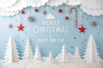 Whimsical Paper Cutout Christmas Scene with Merry Christmas and Happy New Year Message holiday greeting isolated on a transparent background