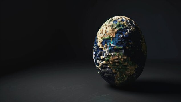 A low-poly 3D model of Earth sits on a dark surface, illuminated from the side, creating a dramatic, almost melancholic mood