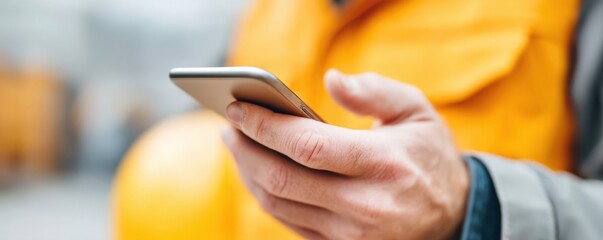 maintenance technical repair maintenance schedule concept. A worker in a yellow jacket using a smartphone on-site.