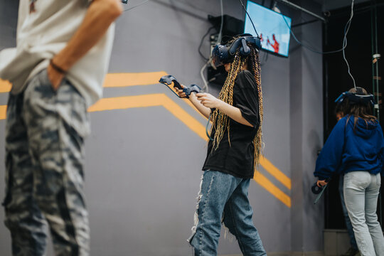 Friends immersed in a virtual reality environment, engaging with innovative technology and VR headsets in a modern space, showcasing entertainment, interaction, and immersive gaming.
