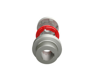 Precision Engineering Exploded: Flexible Jaw Coupling with Metallic Hubs and Red Elastomeric Spider. Crucial for Power Transmission, Vibration Control, and Smooth Rotation in Industrial Equipment.