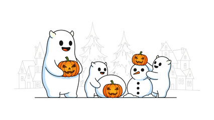 Spooky Snow Buddies: A charming illustration captures a playful scene of polar bears building a snowman and preparing for Halloween, showcasing the fun and whimsy of the holiday spirit.