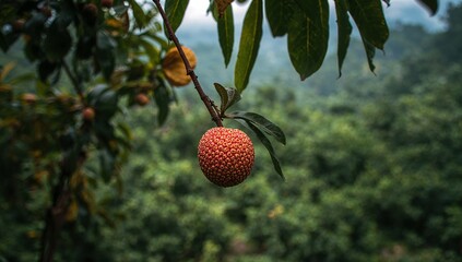 A vibrant, textured, orange-red fruit hangs from a branch, showcasing the lush green foliage of a remote treetop setting.