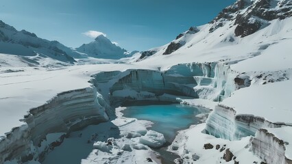 Glacial landscape with turquoise meltwater pool surrounded by snow-covered mountains and ice formations