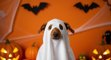 adorable dog in ghost costume posing with pumpkins and bats on halloween night