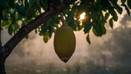 A jackfruit hangs from a branch at sunrise, bathed in soft morning light.