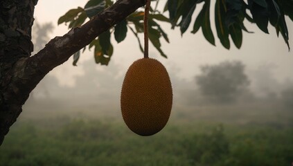 A ripe jackfruit hangs from a branch in a misty morning field.