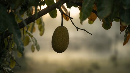 A jackfruit hangs from a branch, bathed in soft morning light, against a blurred background.