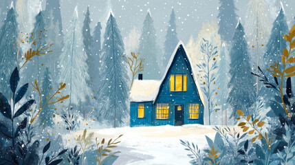 Cozy blue house with glowing yellow windows, nestled in a snowy forest of tall trees. Snow is falling, creating a peaceful and magical atmosphere. Charming winter landscape. Generative AI
