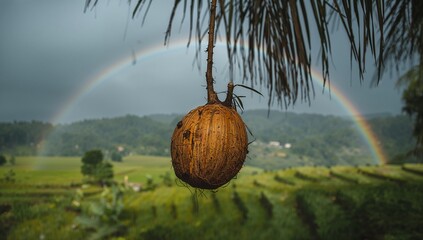 A ripe, brown coconut hangs from a palm tree, showcasing a vibrant rainbow arching over a lush, green valley.