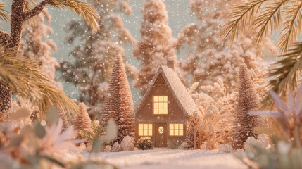 ?ozy wooden house with a triangular roof, nestled in the middle of a snowy forest. Snowflakes are falling from the sky. Charming winter landscape. Generative AI