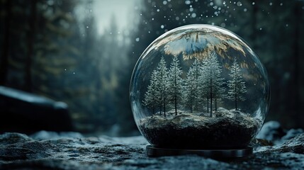 A clear glass snow globe containing a snowy forest with pine trees and mountains
