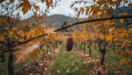 Autumn vineyard scene showcases a cluster of deep purple grapes hanging from a branch.