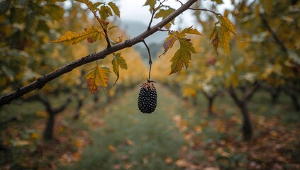 A single, dark blackberry hangs from a branch, highlighted against a backdrop of autumnal foliage.