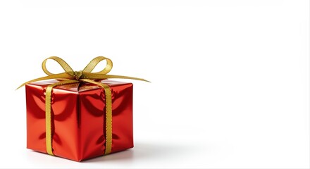 Fototapeta premium shiny red gift box with gold ribbon on white background symbolizing celebration and joy