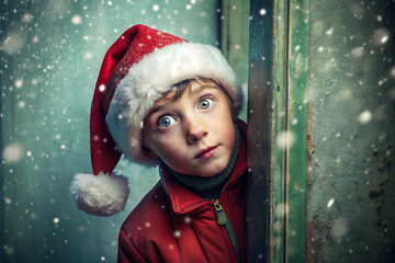 Young Boy Wearing Santa Hat Peeking Around a Corner in Falling Snow child christmas isolated on a transparent background