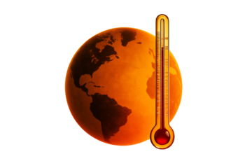 Glowing orange Earth with high-temperature thermometer, isolated, clean white background, concept of climate change and environmental crisis, Ai generative