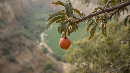 An orange fruit hangs from a branch, overlooking a scenic valley.