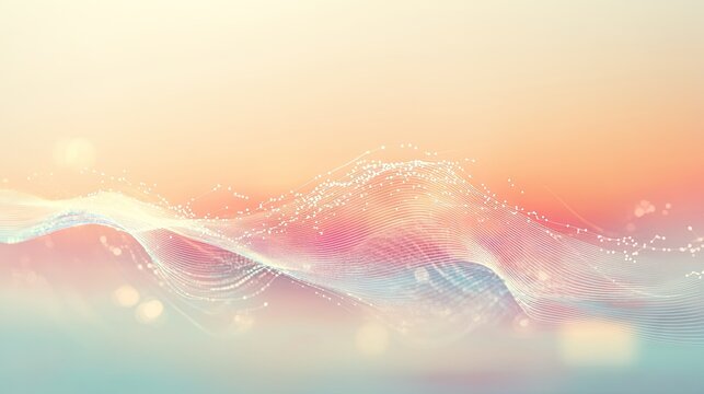 A flowing abstract design with curving waves in gradients of pink, orange, yellow, and teal, dotted with sparkling particles on a soft blended backdrop