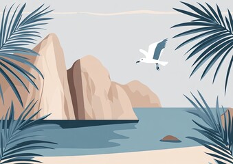 A stylized illustration of a serene ocean inlet framed by blue palm leaves, with rocky cliffs 