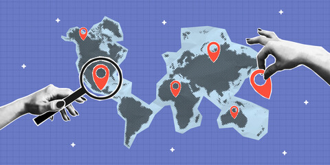 Collage banner with paper cut-out World map and halftone hands holding magnifying glass and map location pointer. Concept of travel, search locations for vacation. Collage style with halftone. Vector