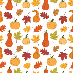 Autumn seamless pattern with multicolored pumpkins, orange, yellow, and brown leaves on a white background. Perfect for autumn-themed backgrounds, textile designs, or wrapping paper. Vector