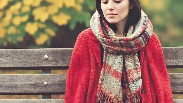 Woman with a red sweater and patterned scarf sits on a wooden bench with autumn foliage in background