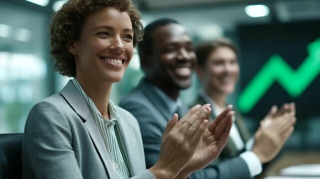 team of diverse professionals clapping quietly in glass walled boardroom as large green arrows pulse on wall display subtle echo of footsteps projector fan whir success moment
