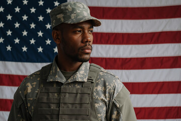 thoughtful soldier in camouflage uniform standing in front of american flag