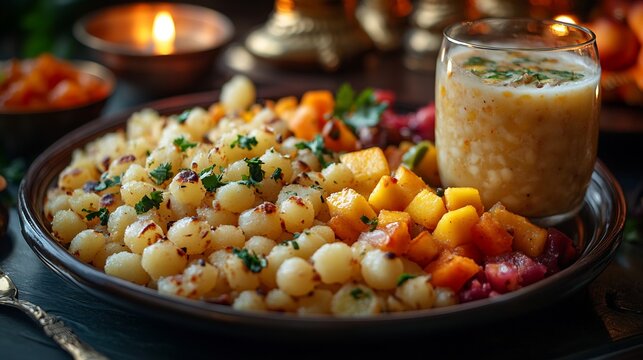 Navratri fasting spread with sabudana khichdi fruit salad kuttu puri and a glass of lassi served on a festive plate with idols and lamps in the background