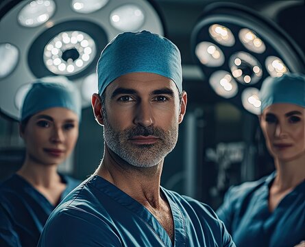 A focused surgeon with gray hair, wearing a blue cap and scrubs, stands in an operating room with bright surgical lights and two colleagues in the background