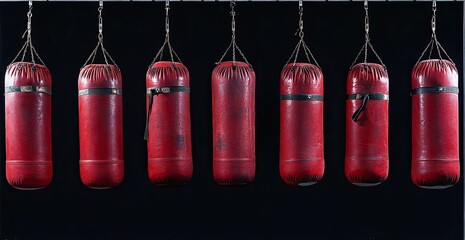 A series of red boxing punching bags arranged in a horizontal line, each bag showing different levels and shapes