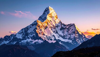A majestic snow-capped peak glows golden in the alpenglow of a vibrant sunset, its rugged slopes contrasting with the serene sky