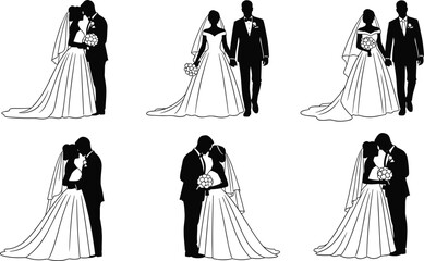 Wedding couple silhouette, romantic bride groom pose, black white illustration, love embrace, marriage ceremony art, vector design, invitation graphic