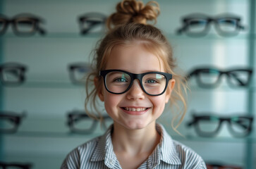 A cheerful girl with a messy bun wears oversized black glasses as she stands in a trendy eyewear store. Various glasses lines the shelves behind her, creating a fun atmosphere