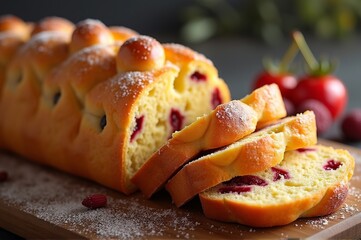 Warm loaf of cherry bread sits on a wooden board, with slices cut to show the vibrant cherries inside. A sprinkle of sugar adds a sweet touch, making it inviting and delicious