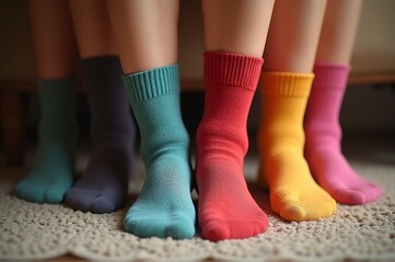 A cozy living room scene shows four pairs of colorful socks worn by friends, enjoying a light-hearted moment on a soft rug. The playful hues add warmth to the gathering