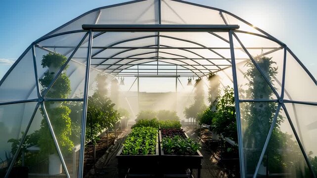 Medium shot of a domeshaped polyhouse with sunlight filtering through its curved cover highlighting innovative crop growth under optimal conditions.