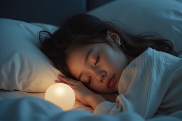 A young girl is soundly asleep in her cozy bedroom, cuddled in soft bedding. A gentle light glows nearby, creating a serene atmosphere perfect for dreaming