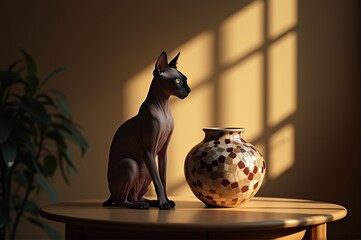 A sphynx cat with striking features sits elegantly on a wooden table beside a colorful vase. Soft sunlight streams through a window, creating a serene atmosphere in the room