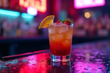 A refreshing cocktail sits on a polished bar surface, glistening under colorful lights. Slices of orange and fresh strawberries add a tempting touch to this evening drink