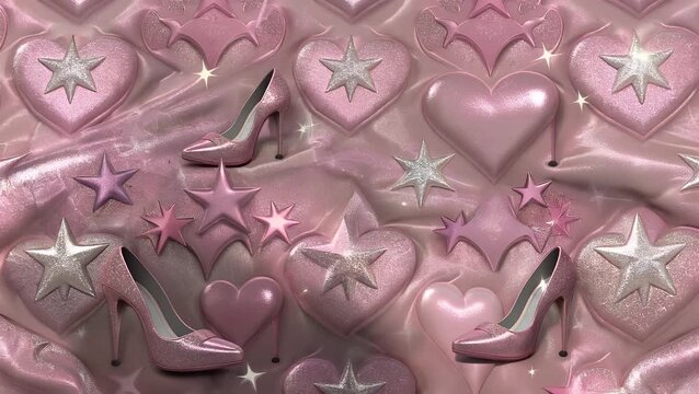 Seamless Repeating Pink Pattern Design Featuring Stars Hearts and High Heel Shoes for Textile Printing