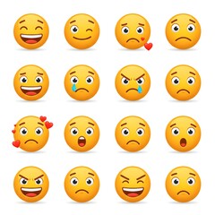 Fototapeta premium A comprehensive collection of glossy yellow 3D emoticon faces displaying a wide spectrum of human emotions, from joyful smiles to angry scowls, perfect for digital communication