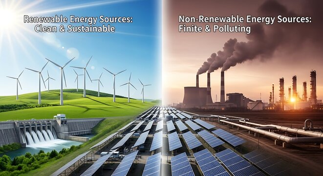 A comparative landscape image contrasting renewable and non-renewable energy sources, showcasing wind turbines, solar panels, a dam, and polluting factories.