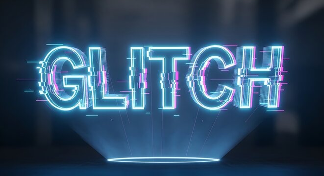 The word GLITCH in a futuristic, holographic, neon blue font with glitching effects.