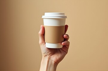 A hand gently holds a warm coffee cup with a plain sleeve. The soft beige background creates a serene atmosphere, perfect for savoring every sip. Morning light enhances the cozy mood