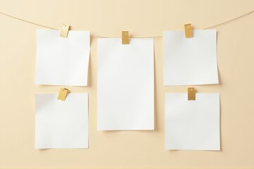 Five blank sheets of paper are neatly clipped onto a string, creating a simple yet inviting display in a warm beige environment, perfect for creativity and inspiration