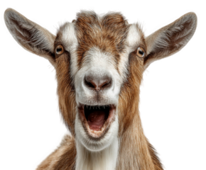 A closeup, headon shot of a brown and white goat with its mouth open in a bleating or screaming expression, isolated on a transparent background